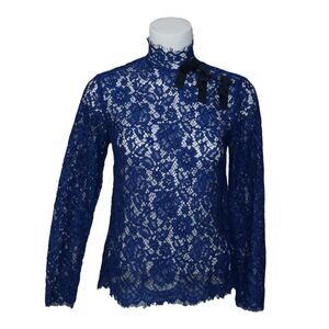 J. Crew Sz 0 Scalloped Lace Long Sleeve Blouse Black Bows See Through Sexy EUC